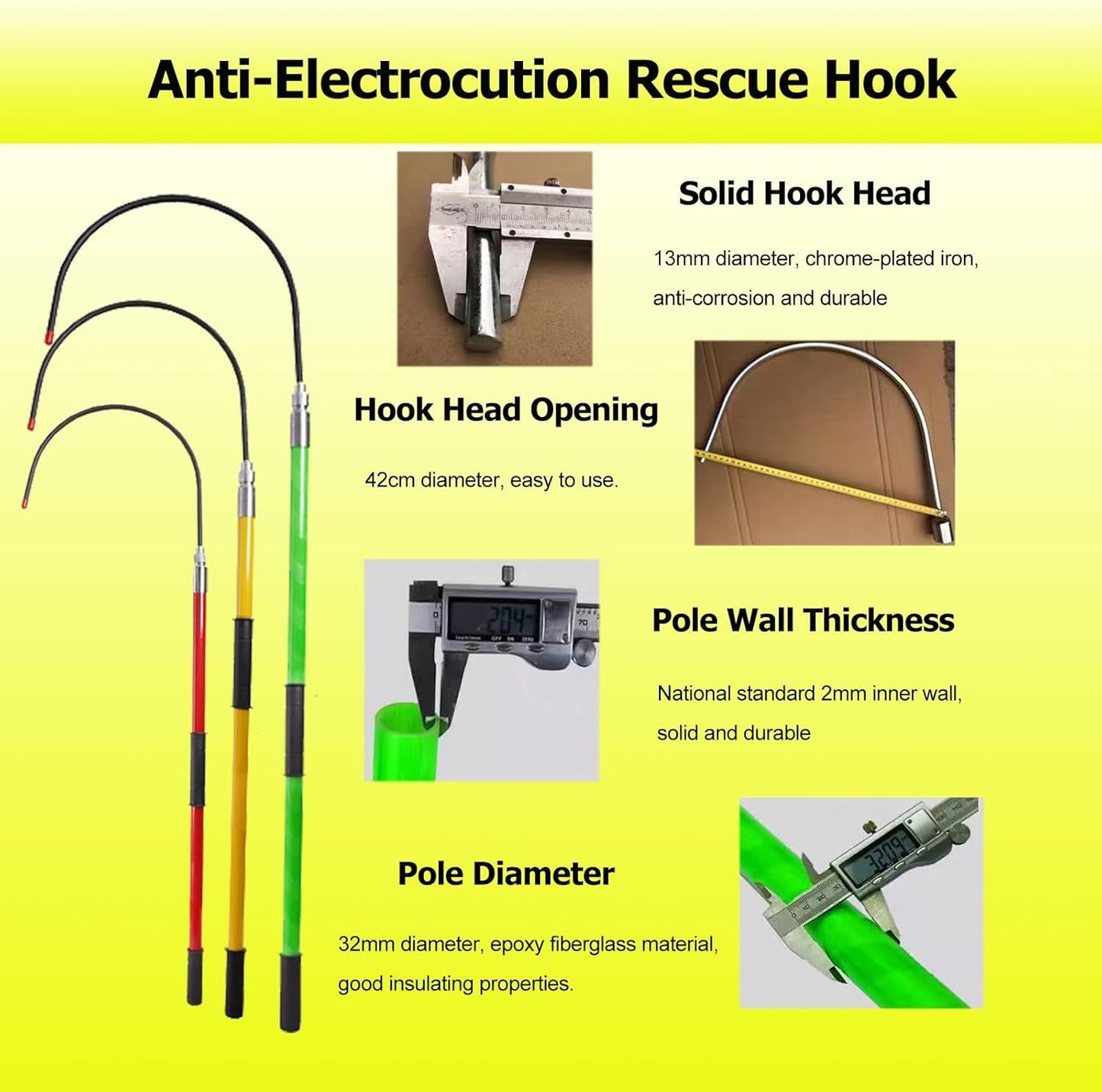 Rescue Hook Stick Electrical Safety Fiberglass High Voltage Insulated Rescue Hook for Electrician, Electrocution Emergency Life-Saving Tool with Telescopic Pole for Cable Maintenance Power Tower(Yello