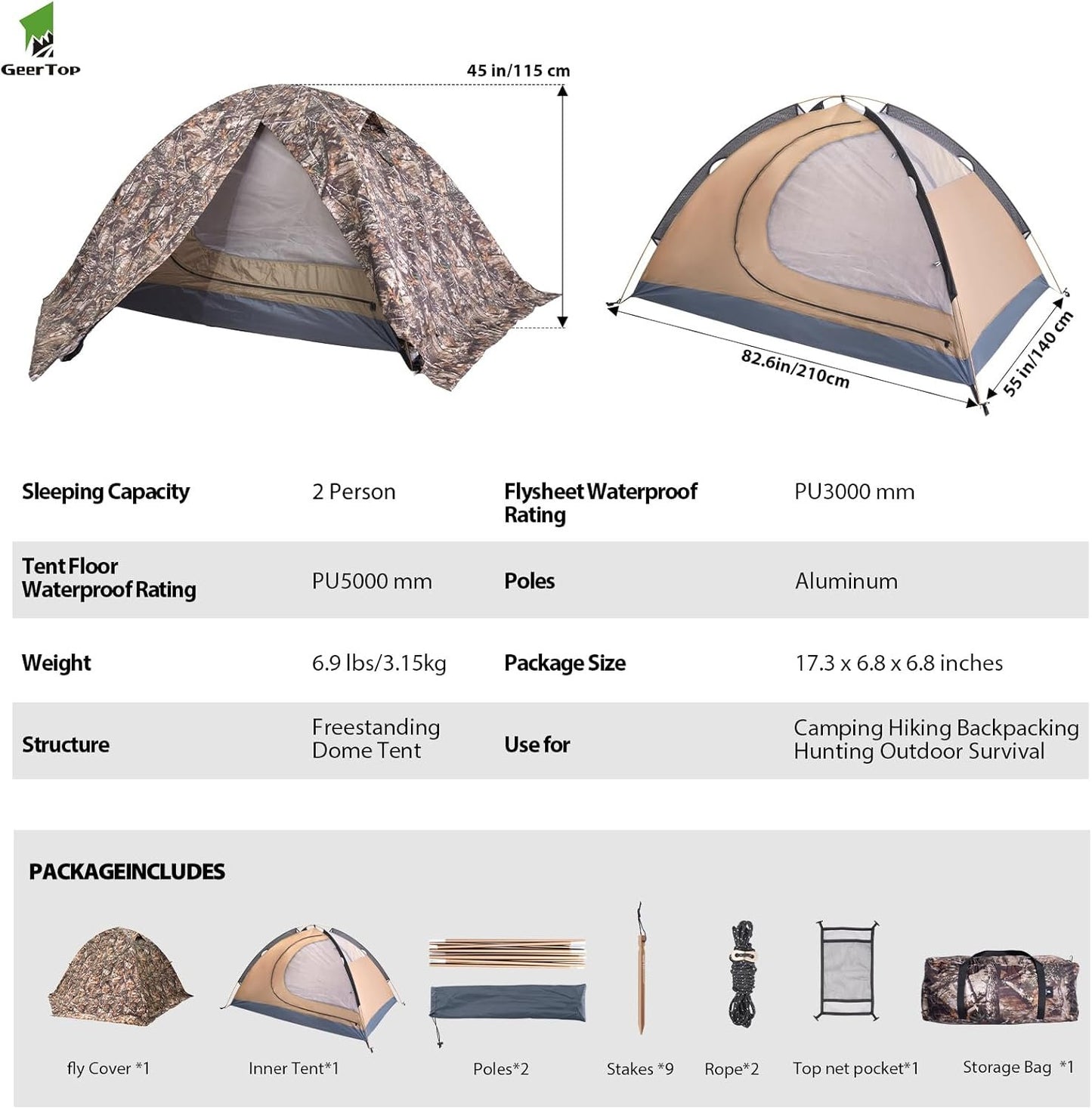 GEERTOP 2 Person 4 Season Backpacking Tent Waterproof Ultralight Camping Tent for 2 Man Double Layer All Weather Easy Setup Tents for Outdoor Survival, Hiking, Backpack Travel, Mountaineering