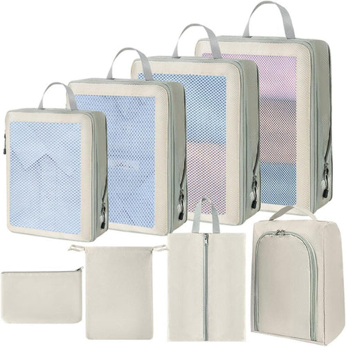 Compression Packing Cubes - Set of 8 Compression Packing Bags Waterproof for Suitcase | Garment Organization Bags with Zipper Closure for Basements, Bedroom