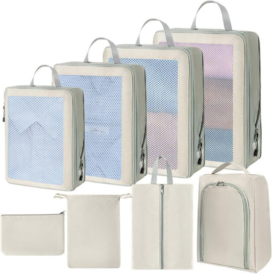 Compression Packing Cubes - Set of 8 Compression Packing Bags Waterproof for Suitcase | Garment Organization Bags with Zipper Closure for Basements, Bedroom