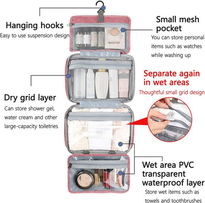 Hanging Toiletry Bag, Waterproof Wash Bag for Makeup Large Capacity Travel Makeup Bag Compact with Hook, Portable Makeup Traveling Organizer for Women Outdoor Camping Travel (1, Pink)