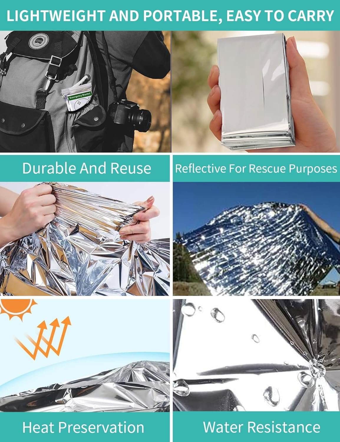 10 PCS Emergency Mylar Thermal Blankets, Waterproof Rescue blanket, Outdoor survival portable emergency blanket, Reflective Camping blanket, Space Blanket Survival kit, Body Warmer Blanket for Outdoor