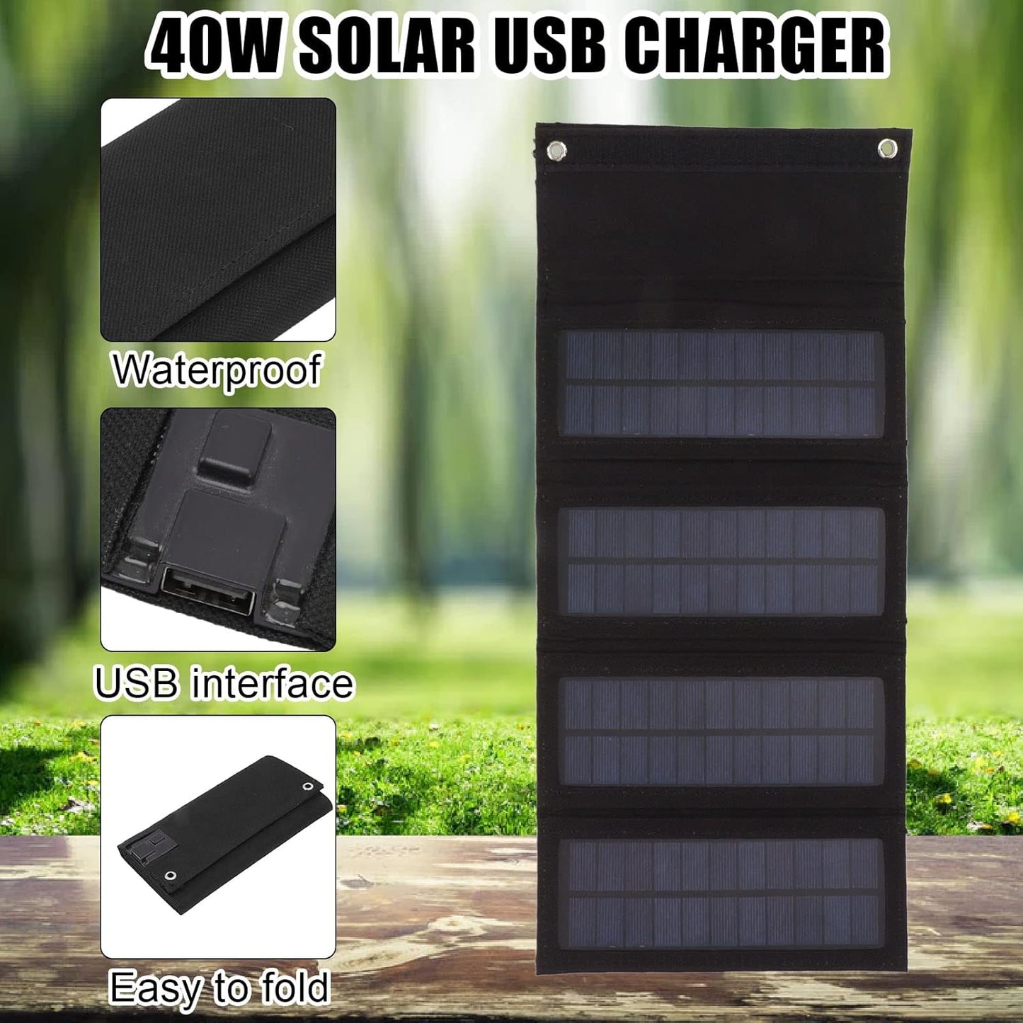 40W Solar Panel Charging Bag, Foldable Monocrystalline Solar Panel Charger with USB Interface for Laptop Outdoor Camping Hiking Emergency Charging (Black)