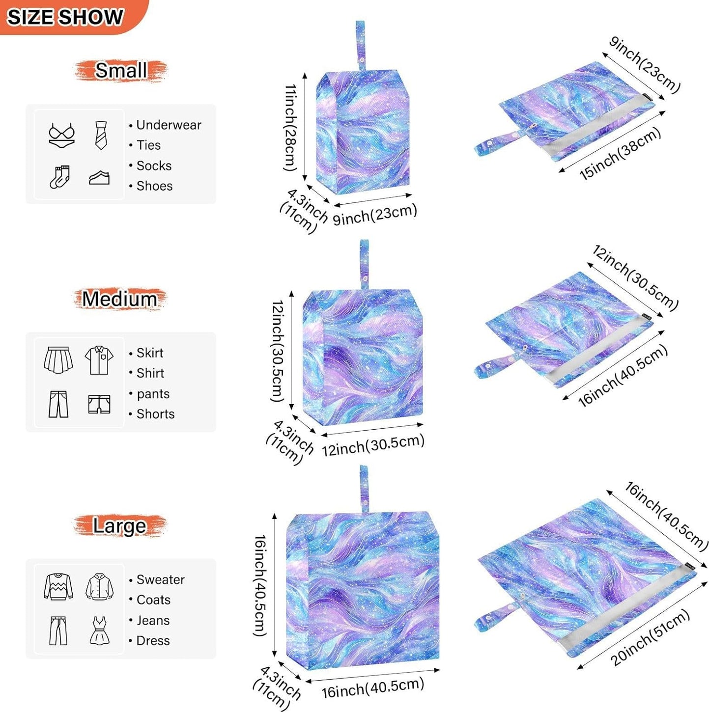 Purple Blue Galaxy Starry Waves 3pcs Travel Packing Storage Bags Collapsible Bags Organizer For Luggage Bag For Clothes Home Organization
