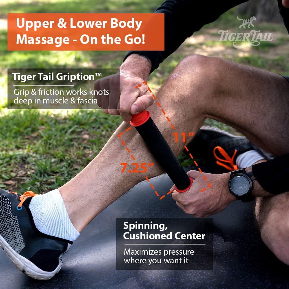 Tiger Tail 11in Massage Stick Portable Roller, Handheld, Deep Tissue Foam Roller for Legs, Neck, Calves, Thighs, Shins & Back, The Roadster 11, Orange Black