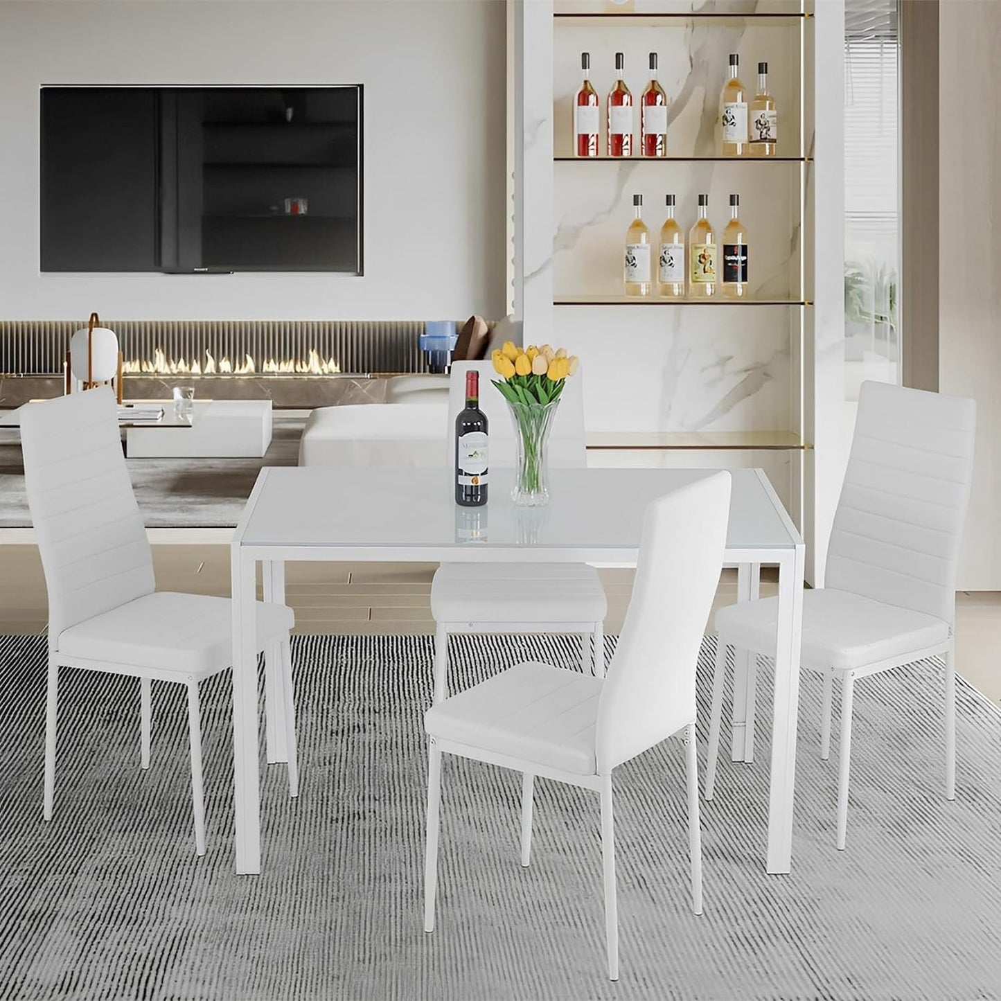 Ruesleag Dining Table Set 5-Piece Dining Room Glass Tabletop Table &Upholstered Chairs for 4 Modern Kitchen Table with Chairs Space-Saving Home Furniture Dining Sets for Dining Room Living Room,Black