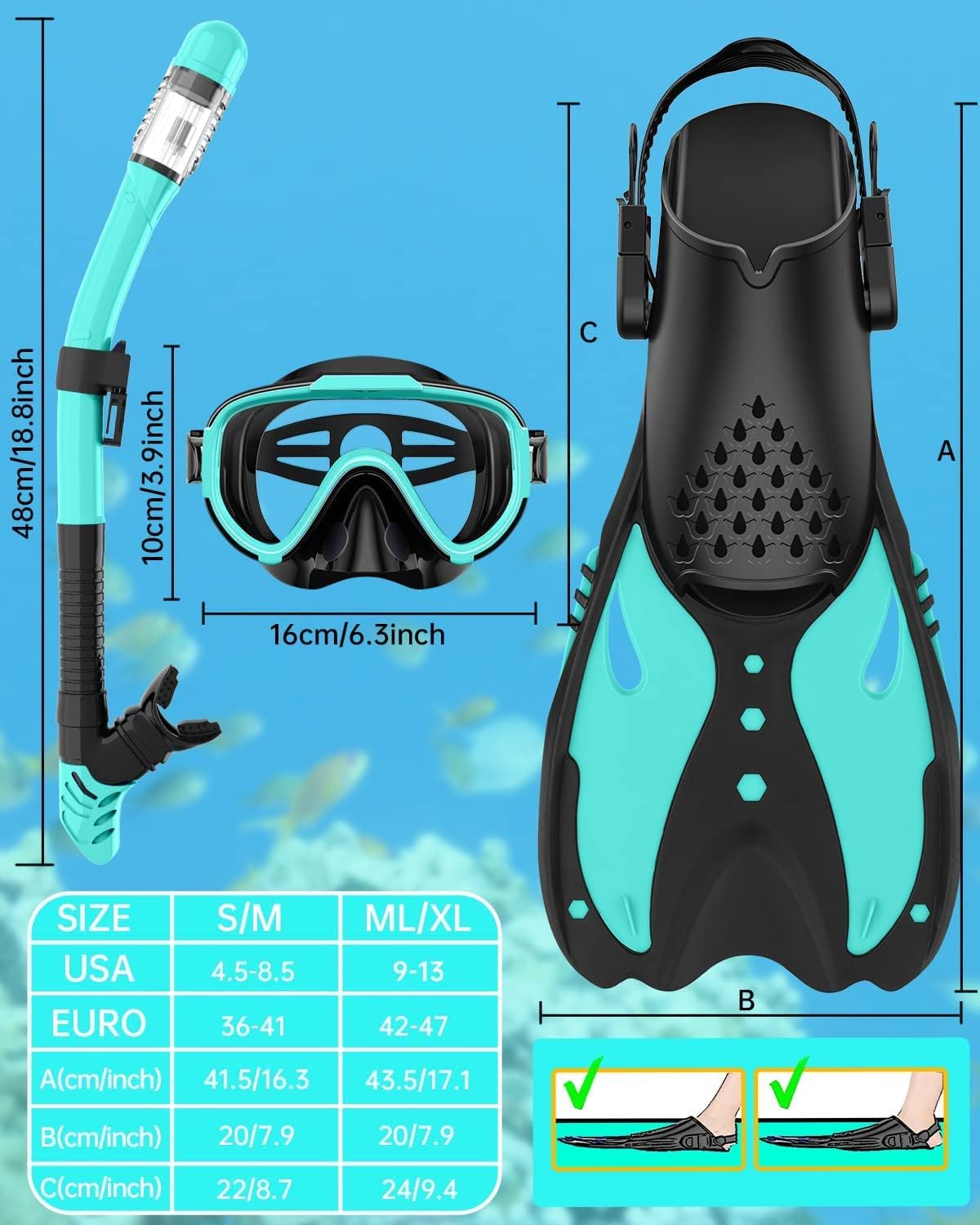 EMSINA Mask Fin Snorkel Set with Adult Snorkeling Gear, Panoramic View Diving Mask, Trek Fin, Dry Top Snorkel +Travel Bags, Snorkel for Lap Swimming