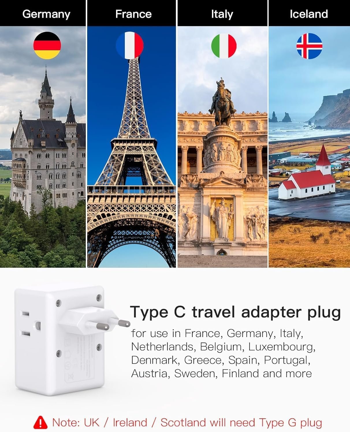 2 Pack European Travel Plug Adapter, International Travel Adapter with 3 Outlets 3 USB Charging Ports(2 USB C), Power Plug Adapter Travel Essentials to Italy France Germany Spain Greece (Type C)