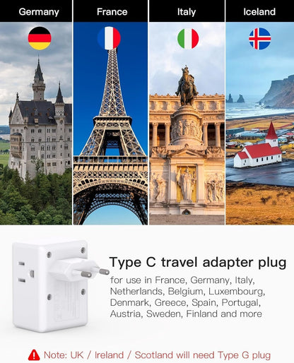 2 Pack European Travel Plug Adapter, International Travel Adapter with 3 Outlets 3 USB Charging Ports(2 USB C), Power Plug Adapter Travel Essentials to Italy France Germany Spain Greece (Type C)