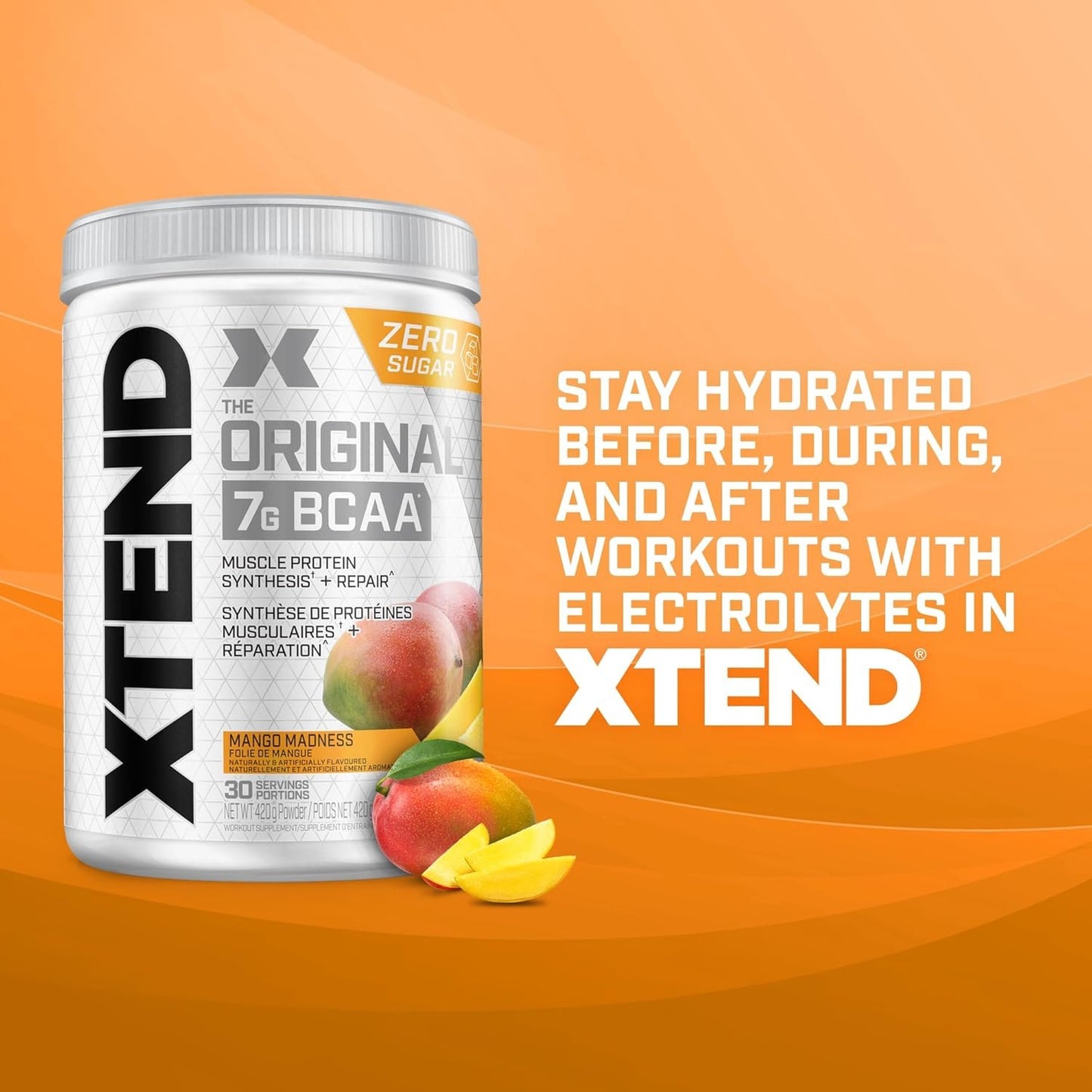 Scivation XTEND Original BCAA Powder | Sugar Free Post Workout Muscle Recovery Drink with Amino Acids | 7g BCAAs for Men & Women | 30 Servings, Mango Madness - 420g
