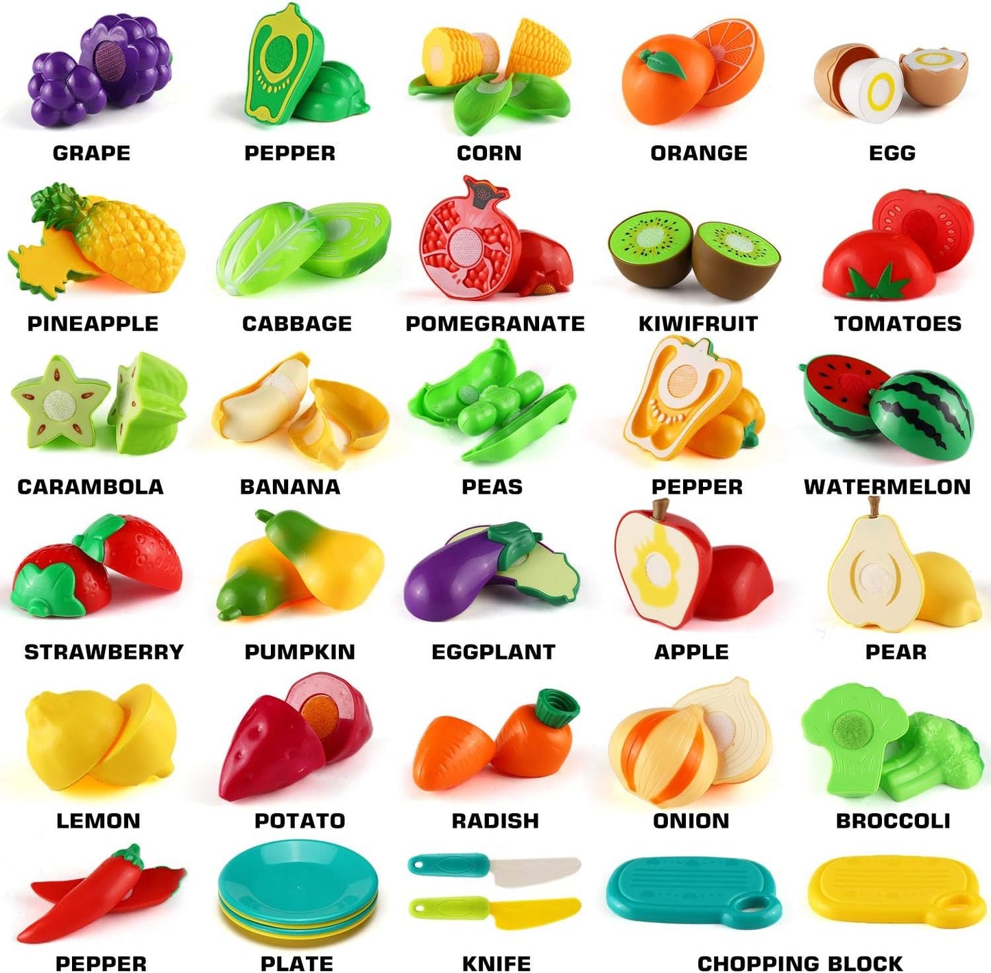 70 PCS Cutting Play Food Toy for Kids Kitchen, Pretend Fruit &Vegetables Accessories
