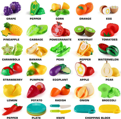 70 PCS Cutting Play Food Toy for Kids Kitchen, Pretend Fruit &Vegetables Accessories