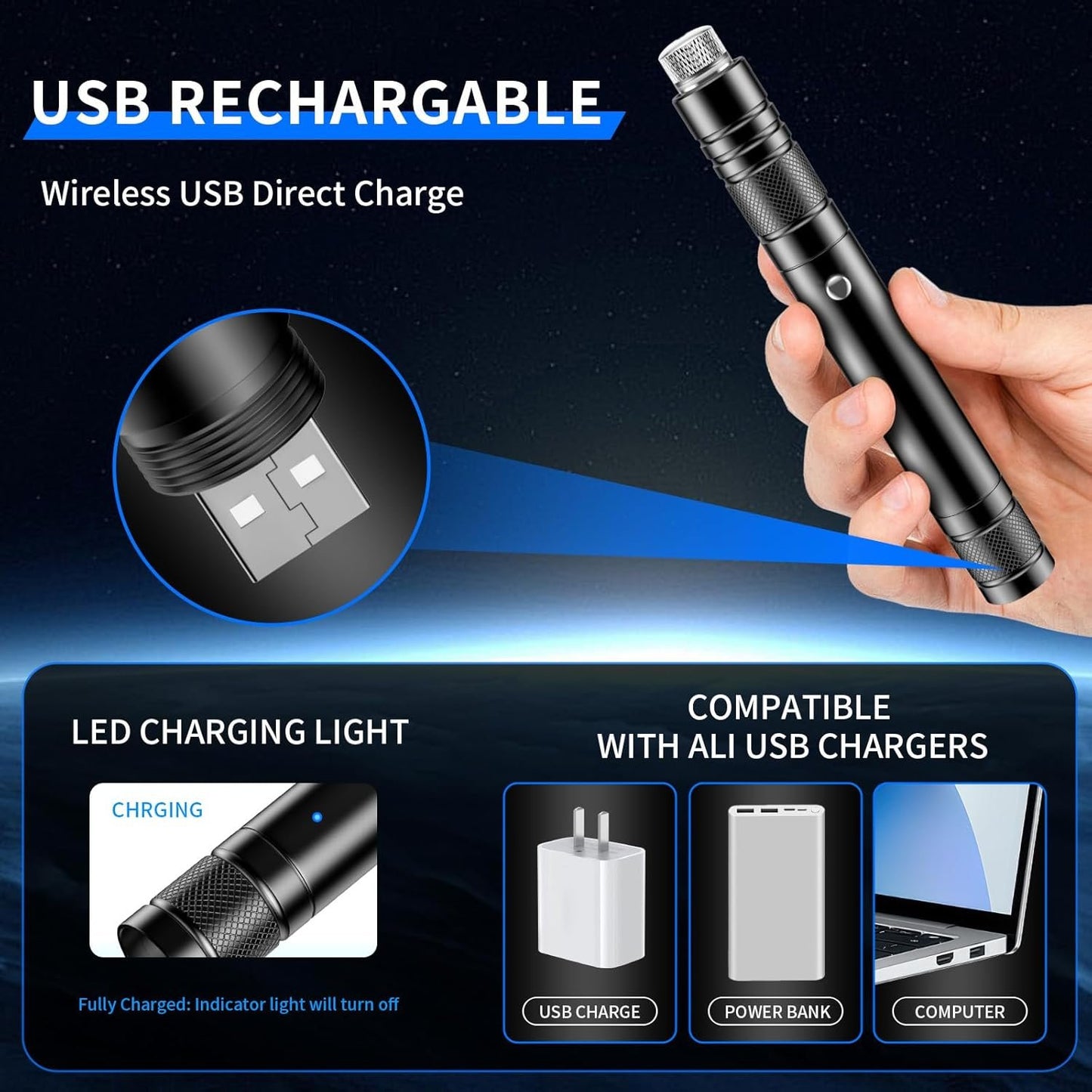 Powerful Green Rechargeable Flashlight, 2* Pack High Power Tactical Flashlight with Adjustable Focus, Long Distance Range Led Flashlight for Night Astronomy Outdoor Camping, Ideal Box for Man Boy