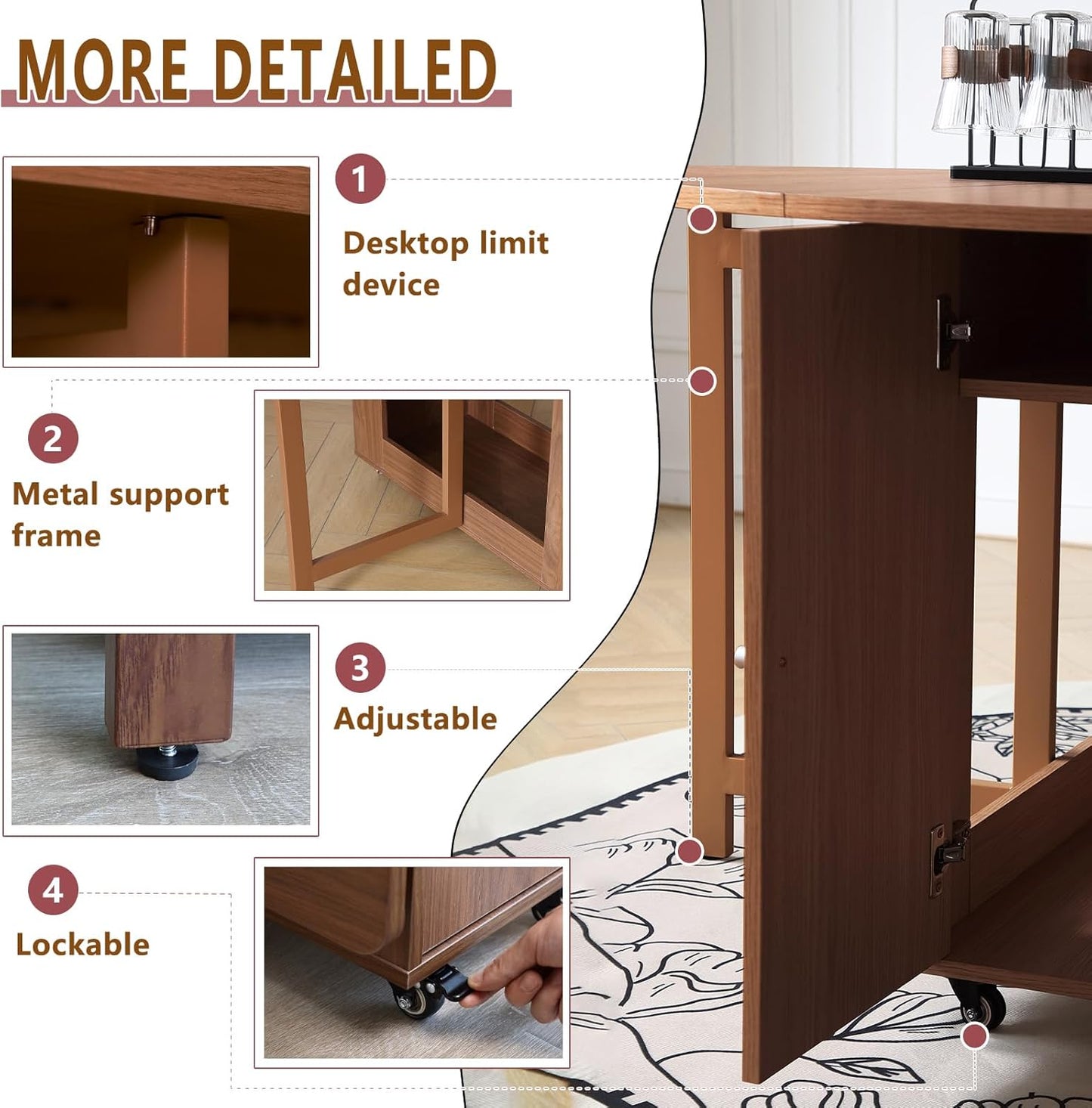 COMUHOME 47.3" Round Folding Dining Table for 4-8, Wood Kitchen Foldable Table Large Drop Leaf Dinner Table with Storage Shelf Metal Legs for Home Dining Room Living Room in Walnut