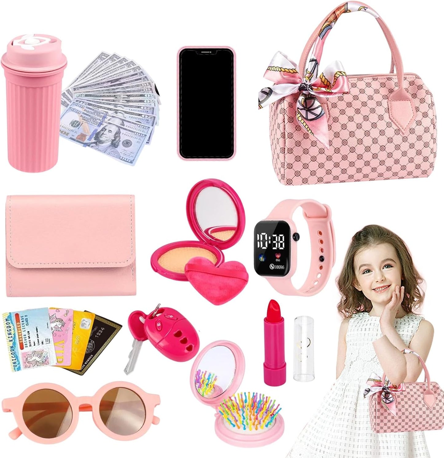 Toddler Purse Toy, Pretend Play Accessories, Princess Dress-Up Set, Fun Role-Playing and Educational Imaginative Play for Kids Ages 3-6 Years, 7.87x4.33x5.12 inches, Pink