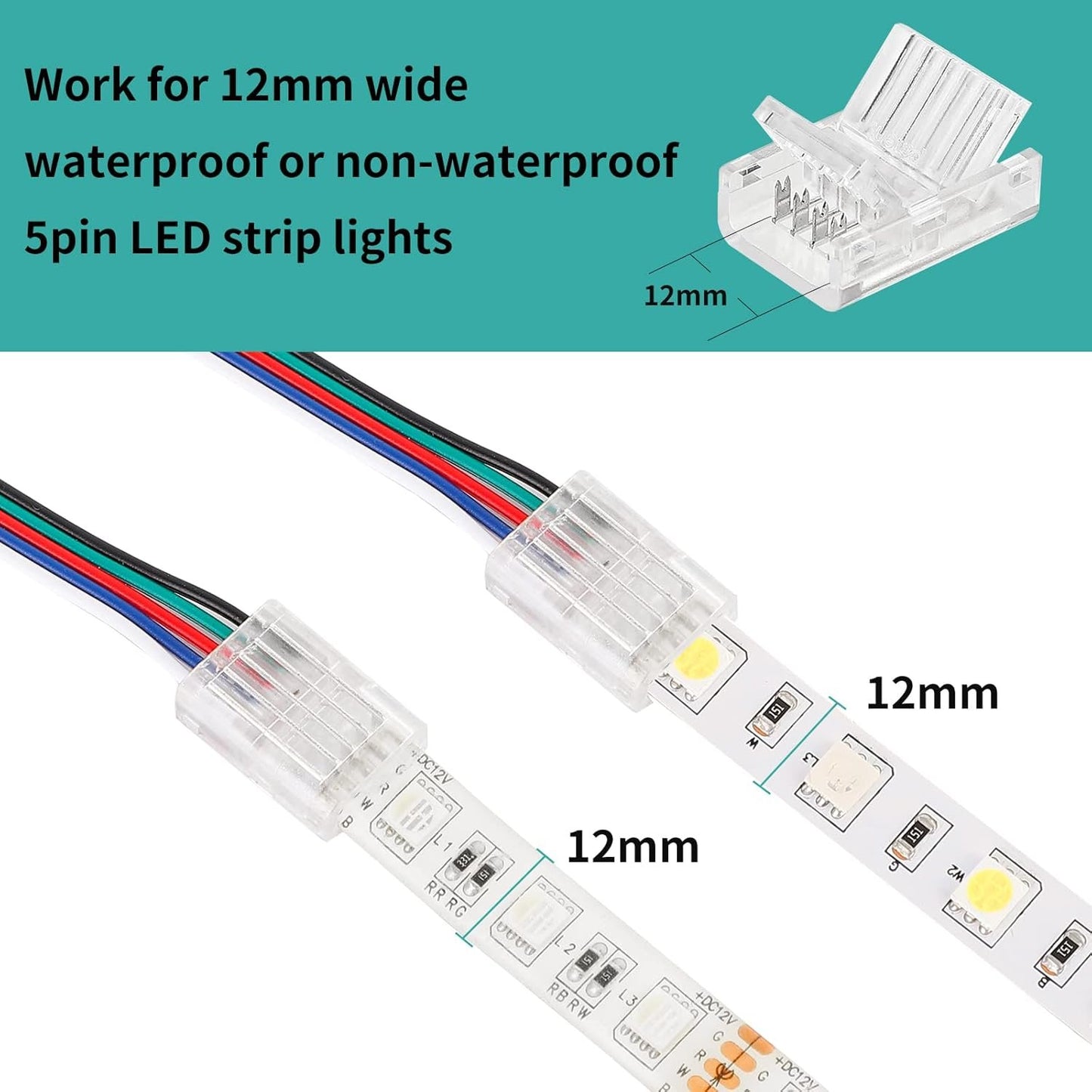 HOMELYLIFE 5 Pin LED Strip Connectors 12mm Solderless 10 Pcs with 16.4ft Extension Cable 5 Conductor for Waterproof or Non-Waterproof 12mm Wide RGBW RGBWW LED Strip Lights