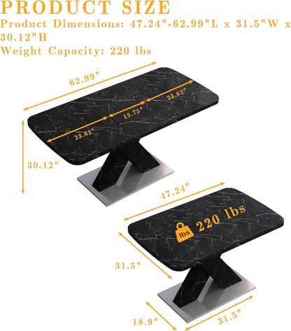 Modern Style Square Stretch Dining Table, Kitchen Table with Marble Table Top, MDF X-Shape Legs and Metal Base (Black)