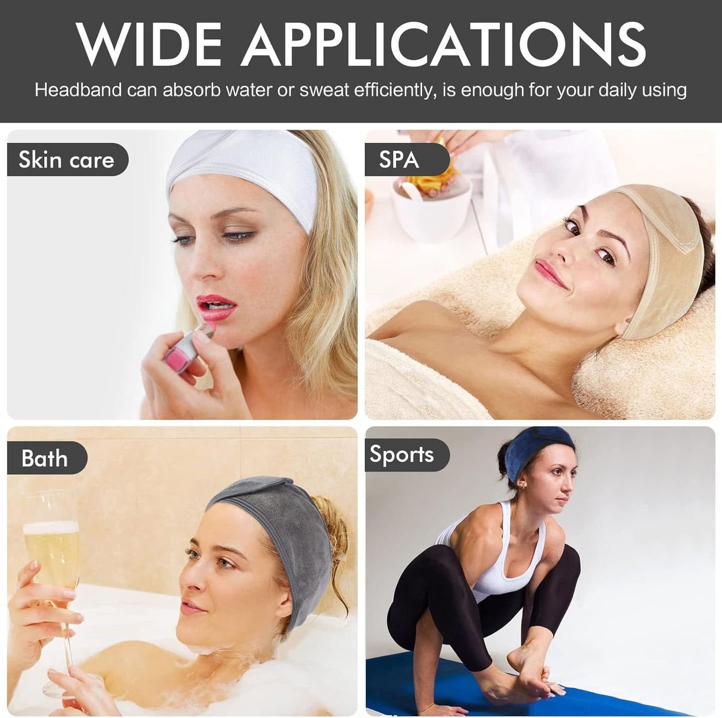 KinHwa Headbands for Washing Face Non-slip Make-up Headwraps Adjustable Hair Bands Fits All Head Sizes Perfect for Sports, Yoga, Workout or Bath 3 Pack - Gray