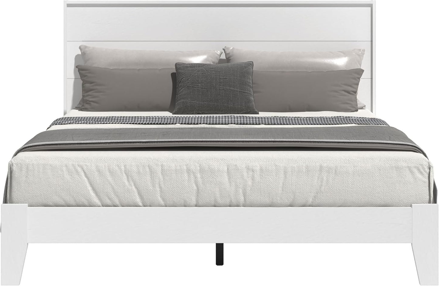 Galano Payne Queen Bed Frame with Headboard – White Platform Bed Frame, Wood Slat Support, No Box Spring Needed, Bedframe Queen Size, Base de Lit Queen, Queen Size Bed Frame