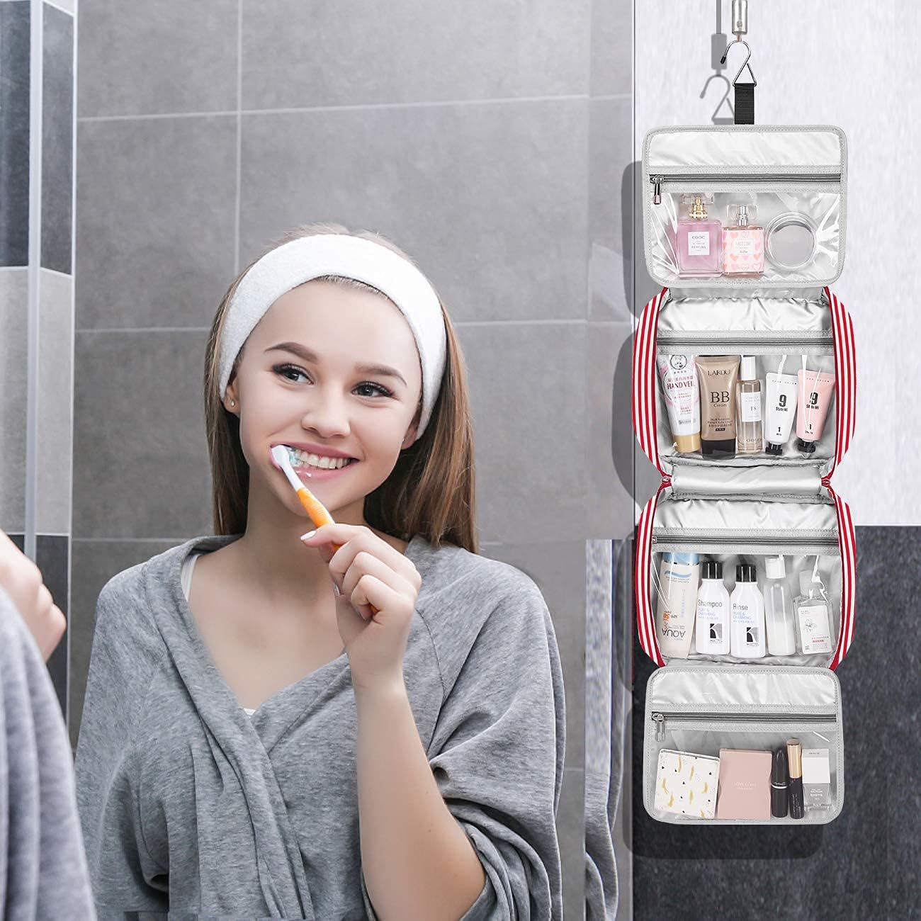 Hanging Travel Toiletry Bag, Large Capacity Cosmetic Waterproof Makeup Organiser for Women wit 4 Compartments 1 Sturdy Hook Travel Accessories Kit for Bathroom Shower（Red）