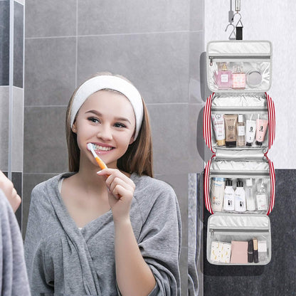 Hanging Travel Toiletry Bag, Large Capacity Cosmetic Waterproof Makeup Organiser for Women wit 4 Compartments 1 Sturdy Hook Travel Accessories Kit for Bathroom Shower（Red）