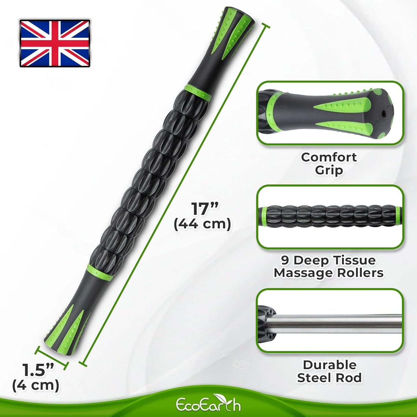Muscle Roller Stick - Black Green - Body Massage Tool w/ 9 Rollers & Non-Slip Handles for Deep Tissue Massage & Maximum Muscle Recovery - by Cozlow