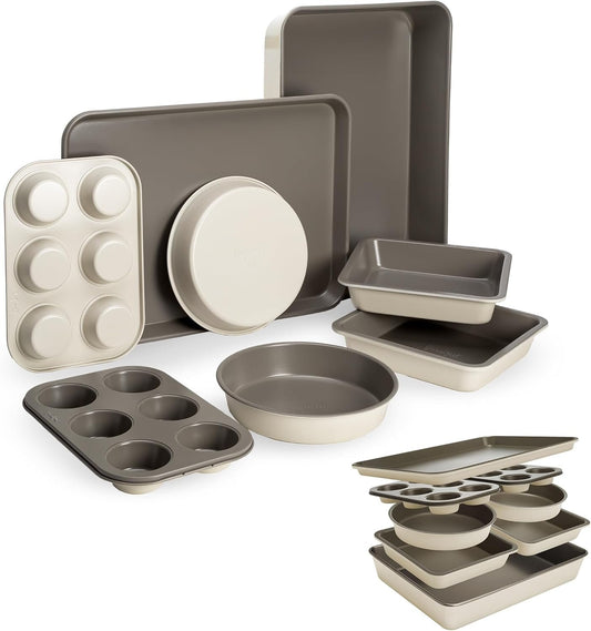Goodful All-in-One Nonstick Bakeware Set, Stackable and Space Saving Design Includes Round and Square Pans, Muffin Pans, Cookie Sheet and Roaster, Dishwasher Safe, 8-Piece, Linen
