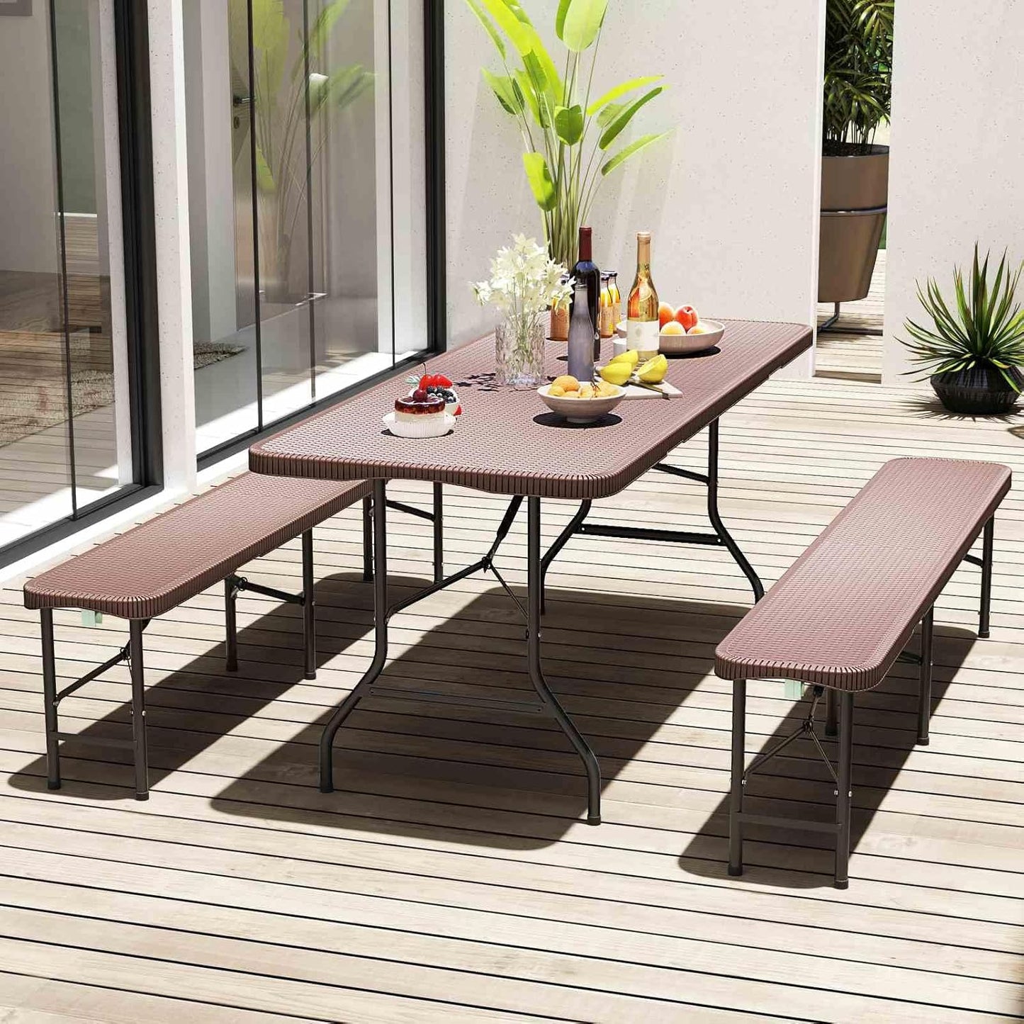 Costway 180cm Outdoor Portable Folding Table, 160kg Fold-in-Half Table w/HDPE Rattan-Like Tabletop, Safe Lock Mechanism, Patio Folding Dining Table w/Carrying Handle for Party, Picnic, Camping