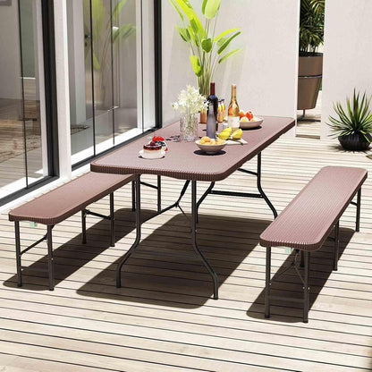 Costway 180cm Outdoor Portable Folding Table, 160kg Fold-in-Half Table w/HDPE Rattan-Like Tabletop, Safe Lock Mechanism, Patio Folding Dining Table w/Carrying Handle for Party, Picnic, Camping