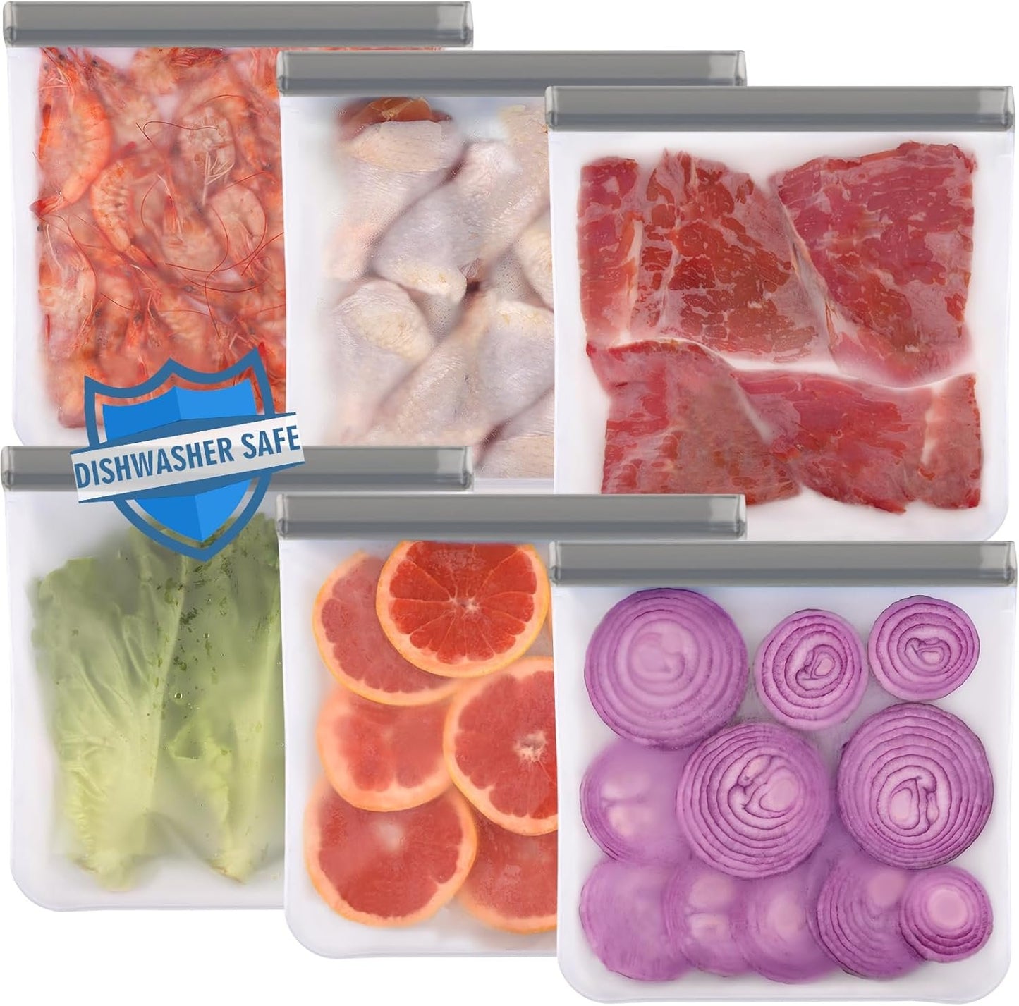 6 Pack Reusable Gallon Freezer Bags Dishwasher Safe, BPA Free Silicone, Leakproof Storage Bags for Marinate Meats, Cereal, Vegetables, Home Organization(Grey)