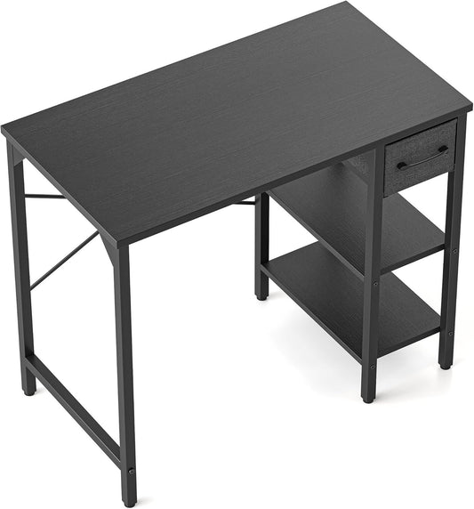 CubiCubi Computer Desk, 35 Inch Small Home Office Desk with Drawer Storage Shelves for Small Space, Writing Study Desk, Modern Black