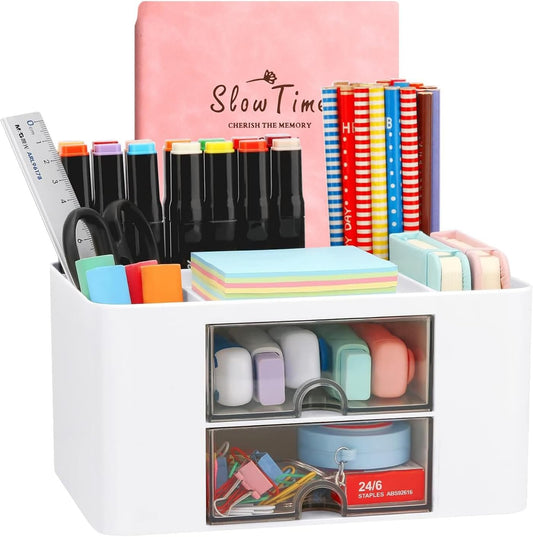 Creative Simple Desk Organiser, 7 Grids, Plastic Table Organiser with Drawer, Multifunctional Desk Organiser, Pen Holder for School, Office, Home (White)