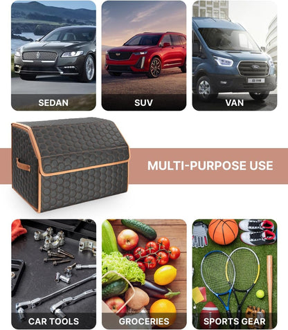 Owleys Foldable Trunk Organizer For Car - Trunk Organizers Car Storage - Collapsible Auto Trunk Organizer With Lid - Small Cargo Organizer - Trunk Organization (17.7 inch, Hexy)