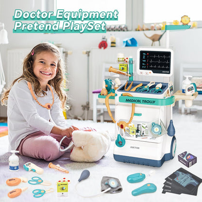 Doctor Kit for Kids 28 Accessories Pretend Medical Station Set for Boys & Girls Mobile Cart with Roleplay Doctor Costume Stethoscope for Ages 3 and Up Children Role Play Educational Toys