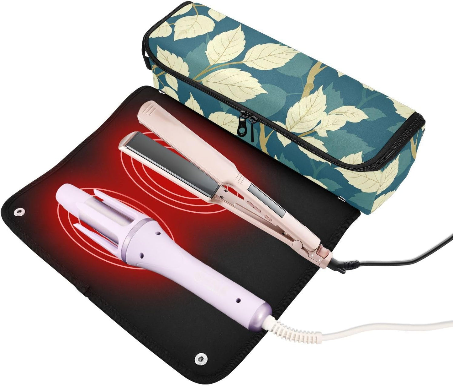 Borsa da viaggio per strumenti per capelli e tappetino resistente al calore, custodia da viaggio a doppio strato per utensili caldi e accessori per la cura dei capelli, foglia di timo, beige, foglia