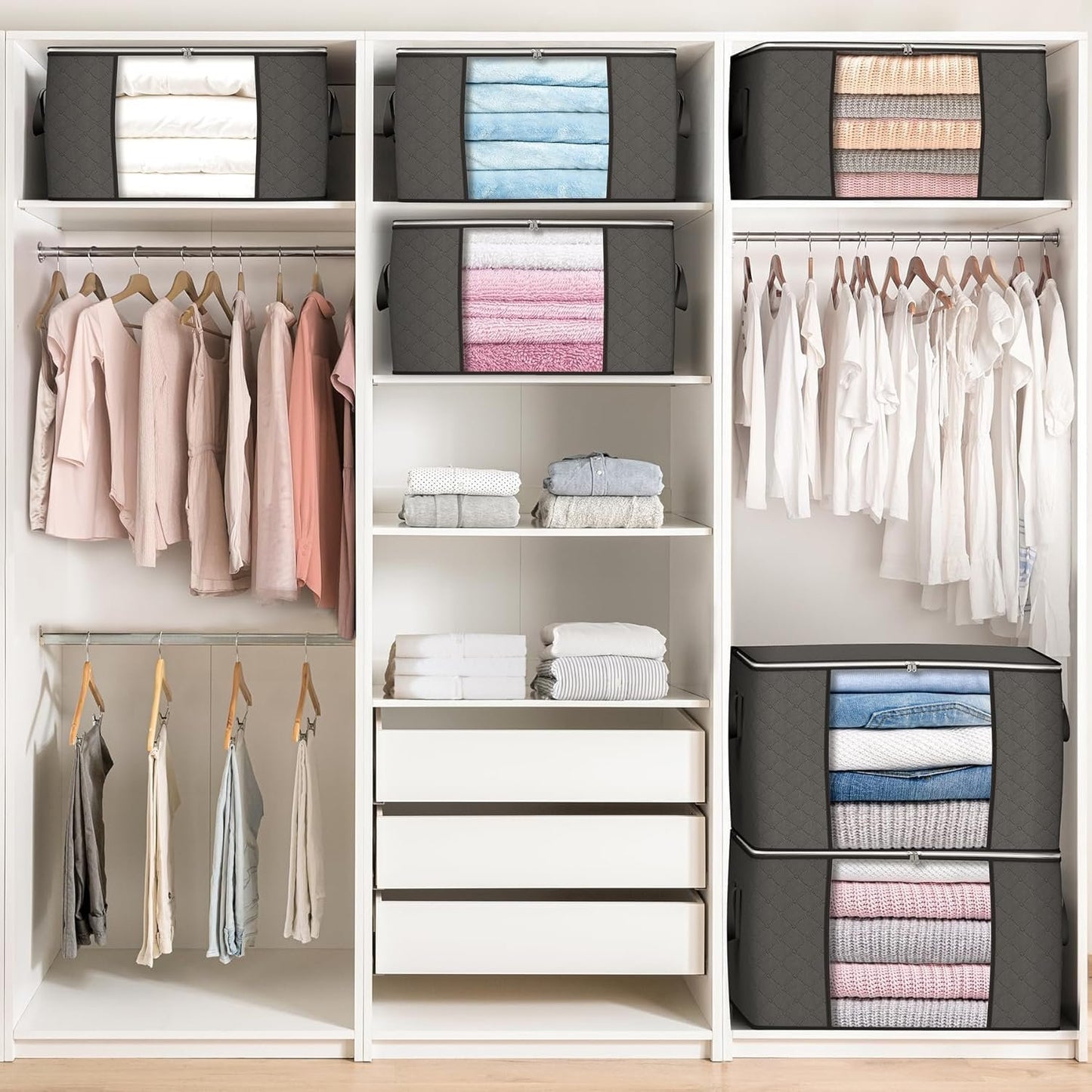 90 L Large Storage Bags, 6 Pack Clothes Storage Bins Foldable Closet Organizers and Storage Containers with Reinforced Handle for Clothing, Blanket, Comforters, Bed Sheets, Pillows and Toys (Gray)