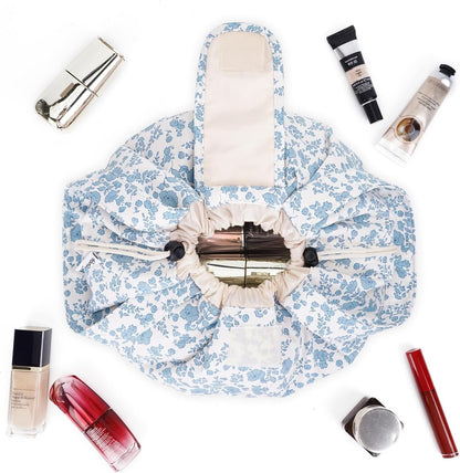 Barrel Drawstring Makeup Bag Large Cosmetic Bag Women Toiletry Organizer for Travel Toiletries Accessories Essentials（Little Blue Flower）