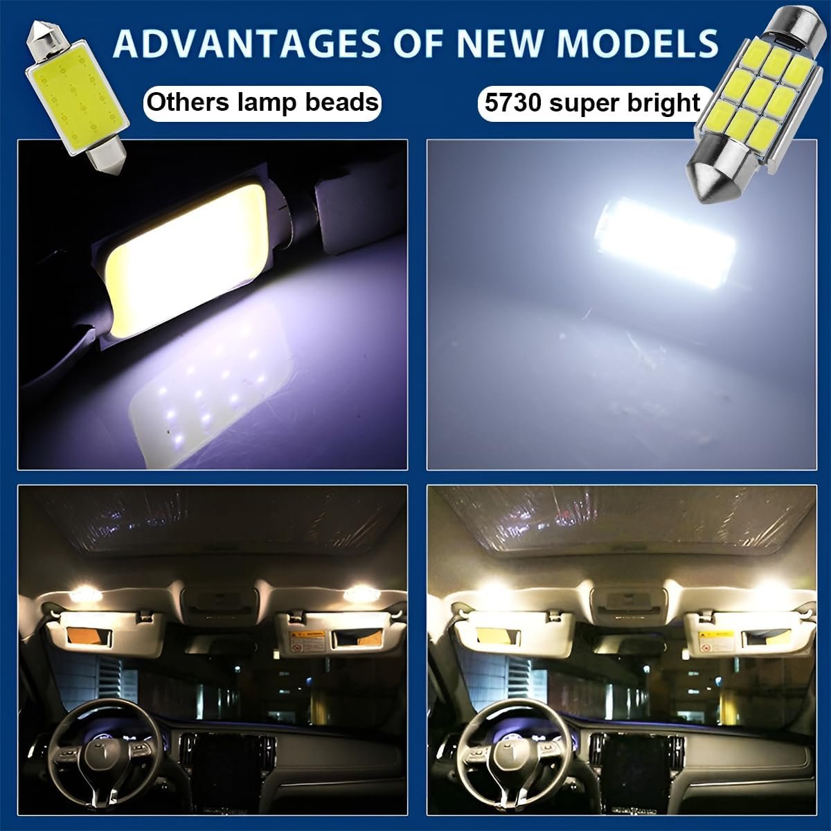 TSUGAMI 4PCS 36mm Car LED Bulbs, 6000K Automotive Error Free Canbus 5730 9-SMD Chipsets Festoon Dome Lights, Vehicle Interior Decoration Accessories Universal For SUV Truck RV Van (Ice Blue)
