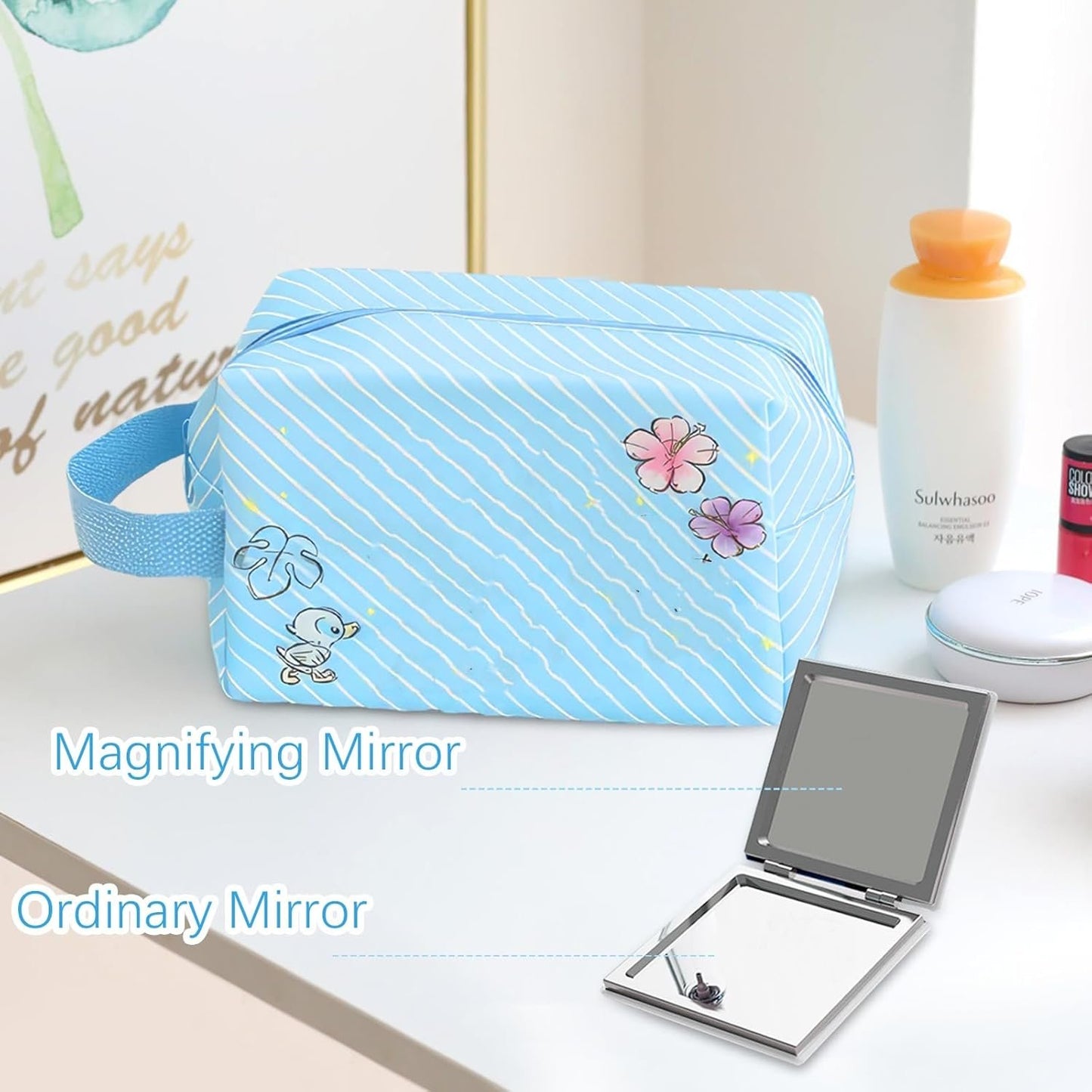 Preppy Makeup Bag Travel Cosmetic Pouch Large Capacity Cartoon Zippered PU Bag Accessories Storage Mirror Makeup Brush