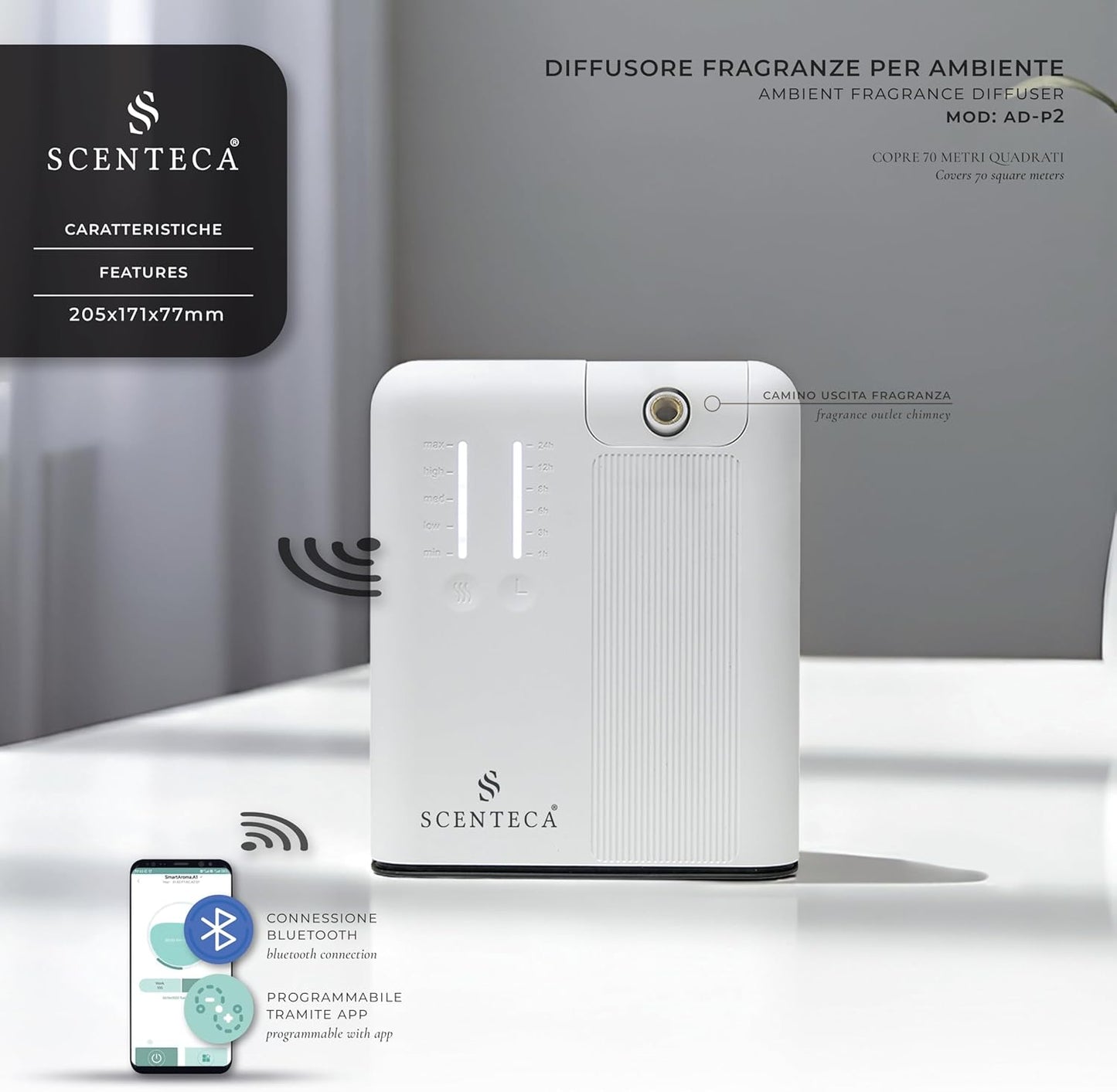SCENTECA® AD-P2 Fragrance Diffuser for Home and Commercial Use Mist, Connectable Hvac, Coverage up to 70 m², 100ml Fragrance Included "Summer Scent"