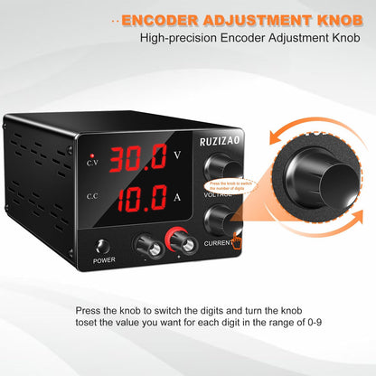RUZIZAO Laboratory Power Supply 0~30V 0~10A 150W, Adjustable DC Power Supply Bench Power Supply Mini 3-Digit LED Display Encoder Knob Laboratory Power Supply 30V 5A/15V 10A