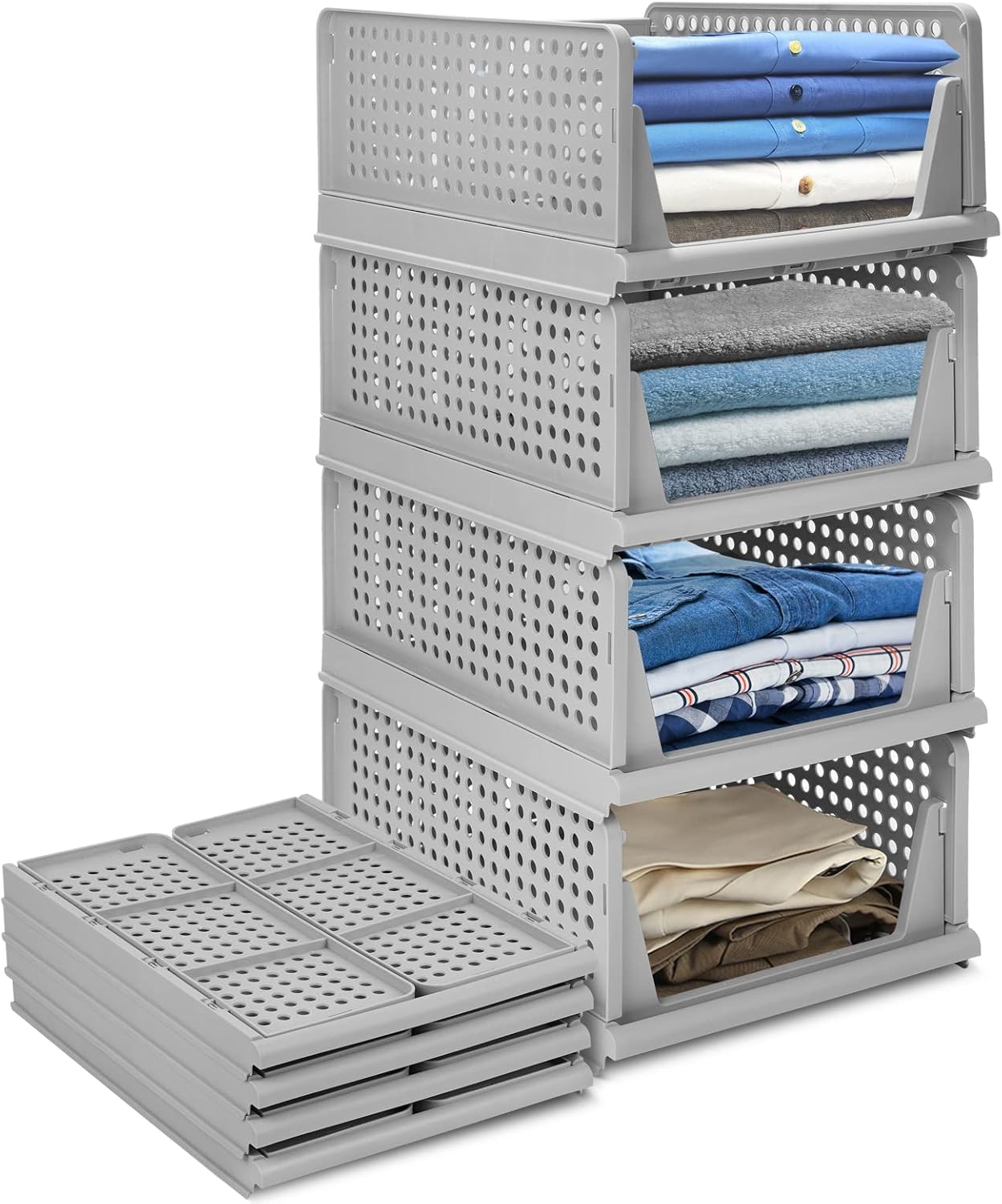 4-Pack Folding Wardrobe Storage Box Plastic Drawer Organizer Stackable Shelf Baskets Cloth Closet Container Bin Cube Home Office Bedroom Laundry Pull Out Drawer Dividers for Clothes,Toys Organization