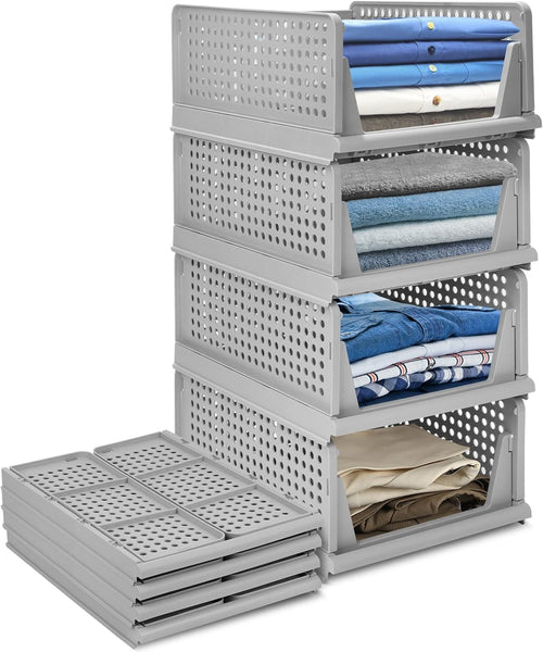 4-Pack Folding Wardrobe Storage Box Plastic Drawer Organizer Stackable Shelf Baskets Cloth Closet Container Bin Cube Home Office Bedroom Laundry Pull Out Drawer Dividers for Clothes,Toys Organization