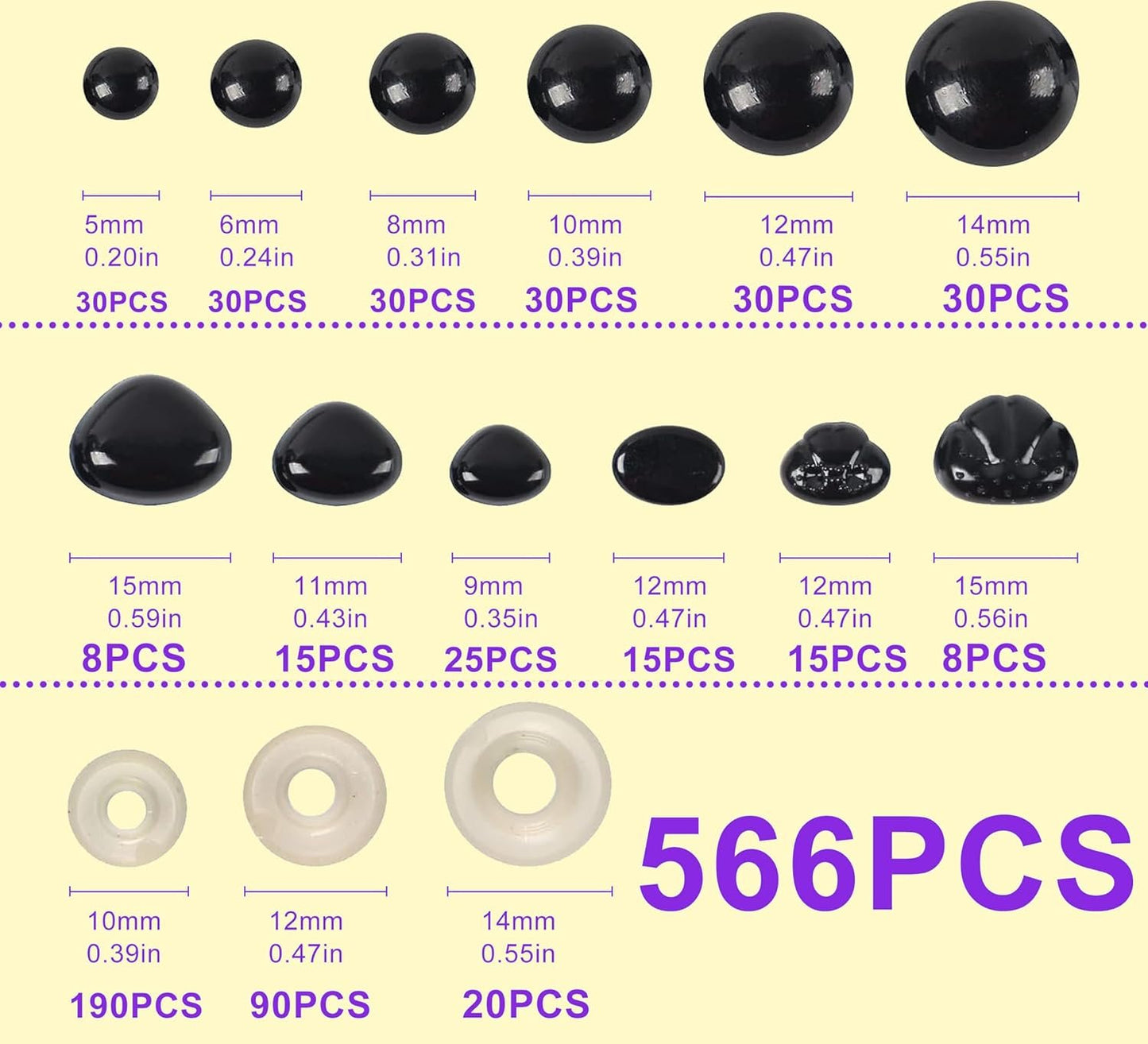 GEOCCI Safety Eye Tool Auxiliary Tool for Attaching Safety Eyes for Crocheting with 566PCS Safety Eyes and Noses for Amigurumi and Safety Eye 10-30mm Sizer Toolï¼ˆPurpleï¼‰