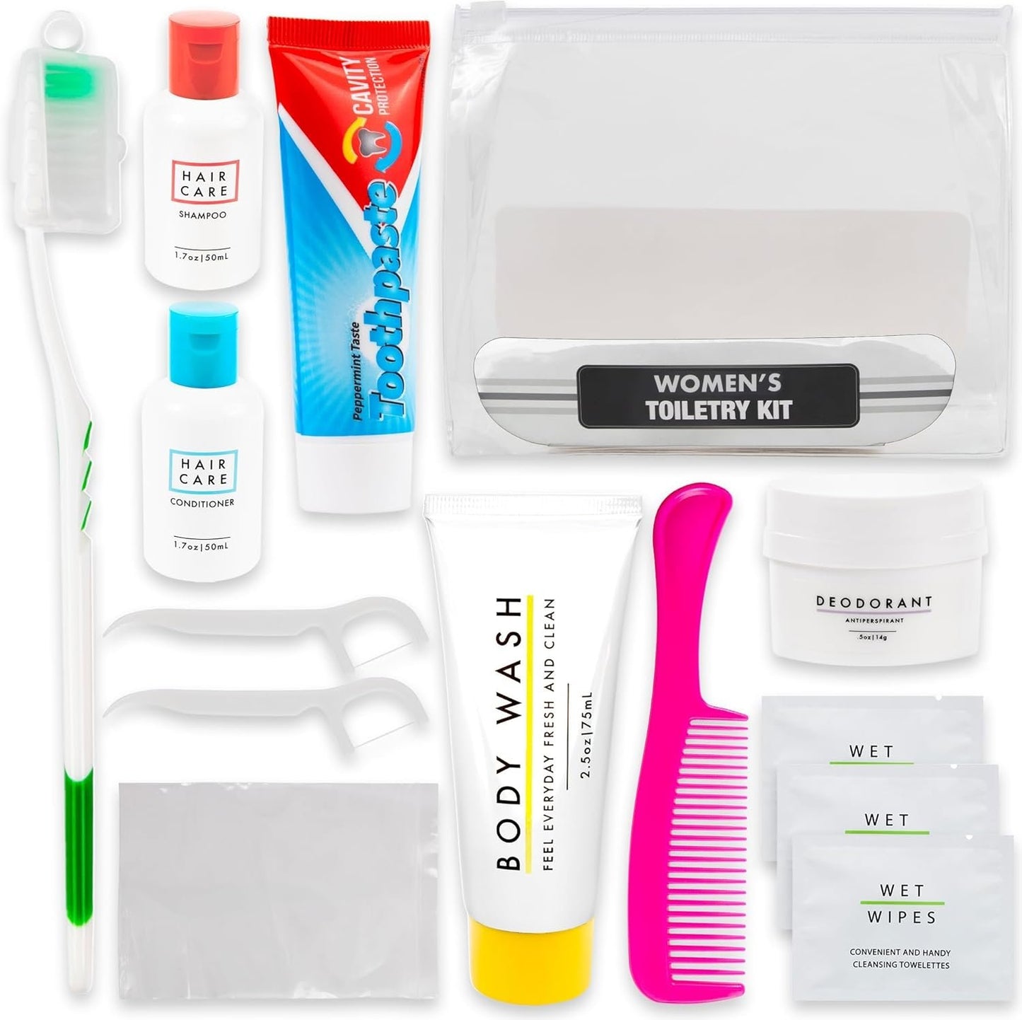 Womenâ€™s Travel Toiletry Bag with Supplies, 15 Piece Travel Size TSA Compliant Oral Care and Grooming Essentials Kit, 15 Piece Kit, Travel Kit