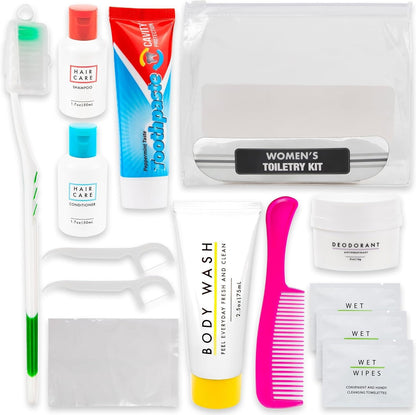 Womenâ€™s Travel Toiletry Bag with Supplies, 15 Piece Travel Size TSA Compliant Oral Care and Grooming Essentials Kit, 15 Piece Kit, Travel Kit