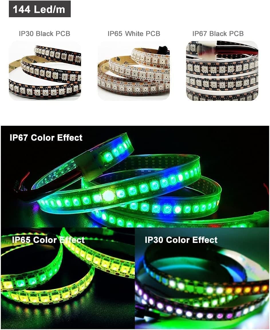 WS2815 DC12V WS2812B WS2813 LED Strip Light RGB Single Addressable LED Lights Dual Signal 30 60 144 LEDs IP30 65 67 (White PCB IP67, 5M 60 LED/M)