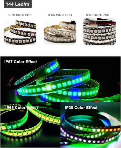 WS2815 DC12V WS2812B WS2813 LED Strip Light RGB Single Addressable LED Lights Dual Signal 30 60 144 LEDs IP30 65 67 (White PCB IP67, 5M 60 LED/M)