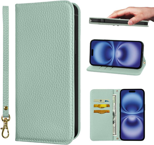 NanHou iPhone 16 Case Leather Case RFID Blocking Folio Wallet Case Magnetic Closure Kickstand Wrist Strap Card Holder Shockproof Flip Cover - Light Green