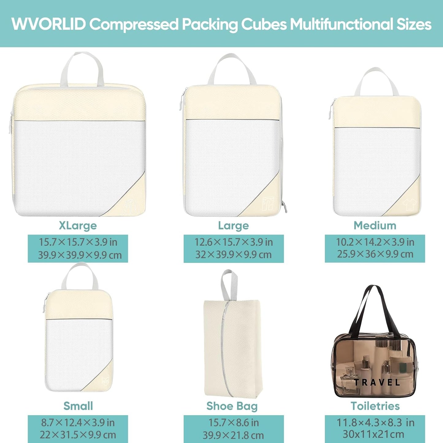 HOXFAZIR Compression Packaging Cube 6 Set Organization Travel Luggage Bag Set for Travel Accessories Compressed Expandable Packing Organizers